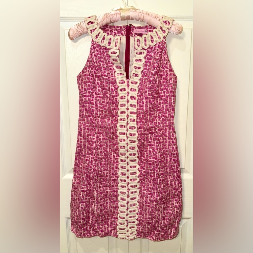 Lilly Pulitzer Pink/ivory Geometric Shift Dress Crochet Trim Size 2
